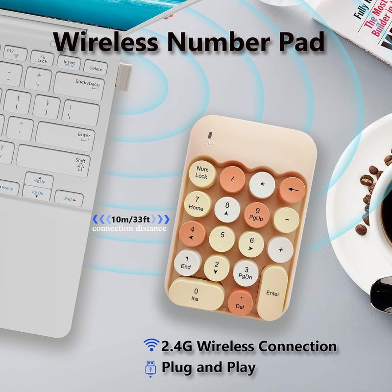 Seaciyan Wireless Number Pad, Ergonomic Cute Colorful Retro Mini Portable Numeric Keypad, 2.4G Cordless External Keyboard for Computer, Laptop (Milk Tea) - Image 2